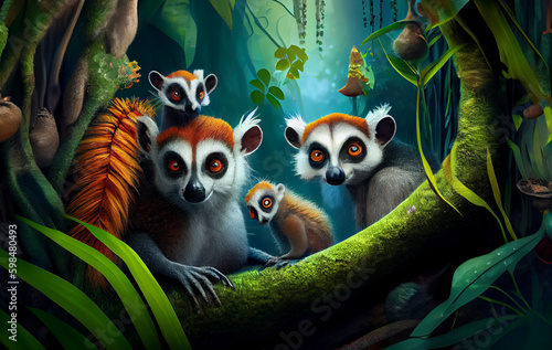 A Heartwarming Glimpse into the Enchanting World of the Lemur: Capturing the Essence of Family and Connection in the Wild Nature, cute illustration with beautiful colors - AI Generated 