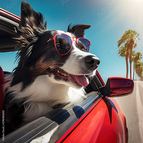 A Border Collie in the car on a sunny day wearing sunglasses 01. AI Generative