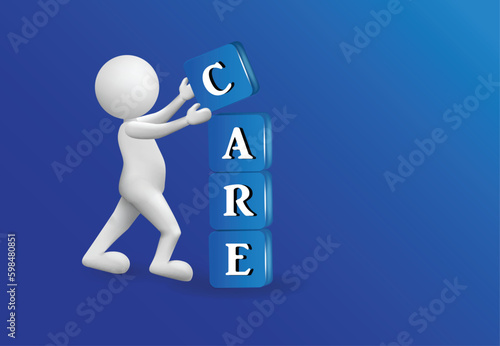 3D small people care text word in a blue box shape. Also can be used as medical, clinic, pharmacy business symbol vector image design