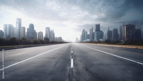 Desolate road pointing towards a sleek urban center