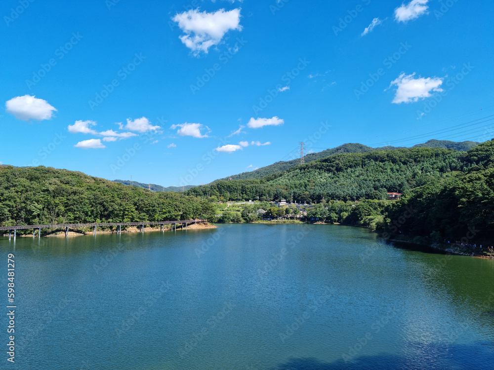 It is a landscape with a wide lake.