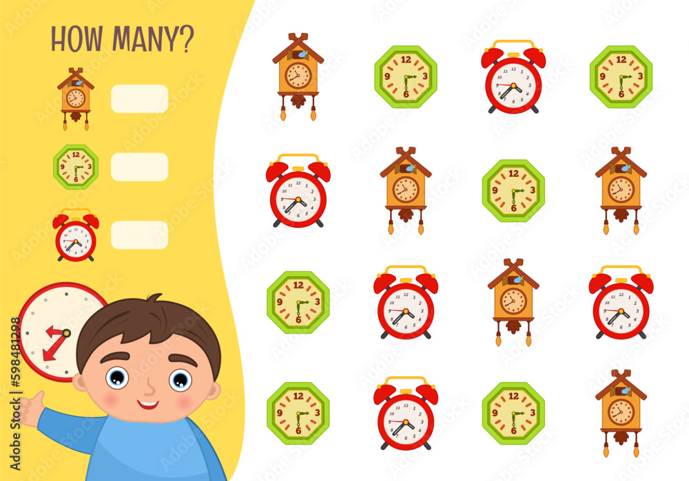 Counting educational children game, math kids activity sheet. How many