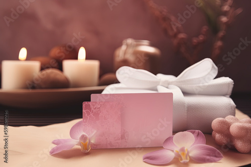 Spa gift voucher, orchid flower, burning candles and white towel on the table