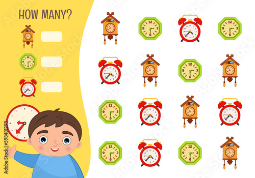 Counting educational children game, math kids activity sheet. How many objects task. Vector illustration of cute clocks.

