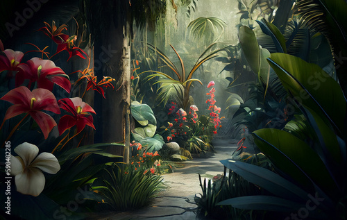 Jungle Blossoms Unfurling  Vivid Flowers Blooming in Nature Amidst the Gentle Caress of a Soft Breeze  Inviting Nature s Creatures to Revel in Their Beauty and Colors. This Colorful Scene is AI genera
