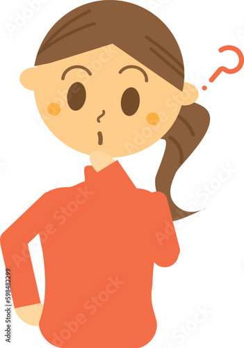 疑問に思っている女性のイラスト・クエスチョンマーク・はてな・主婦・若い・考える・悩む