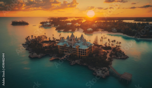 Aerial View of Beautiful Hotel on the Water in Ocean at Sunset, Generative AI