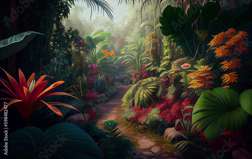 Jungle Blossoms Unfurling: Vivid Flowers Blooming in Nature Amidst the Gentle Caress of a Soft Breeze, Inviting Nature's Creatures to Revel in Their Beauty and Colors. This Colorful Scene is AI genera © Musashi_Collection