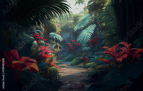 Jungle Blossoms Unfurling  Vivid Flowers Blooming in Nature Amidst the Gentle Caress of a Soft Breeze  Inviting Nature s Creatures to Revel in Their Beauty and Colors. This Colorful Scene is AI genera