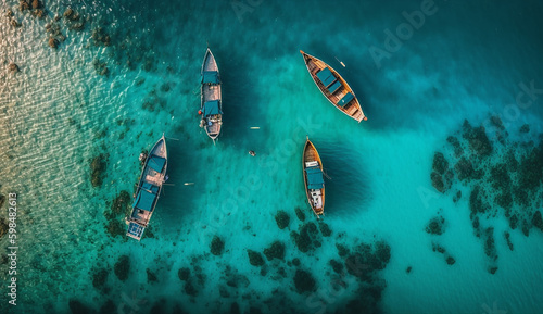 Aerial View of The Fishing Boats in Clear Azure Water at Sunrise, Generative AI