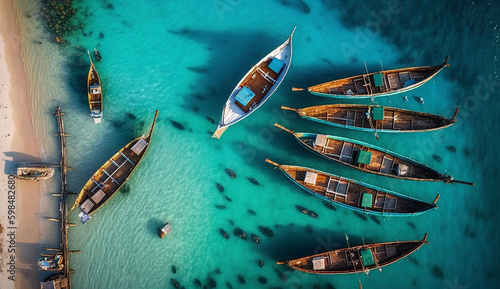 Aerial View of The Fishing Boats in Clear Azure Water at Sunrise, Generative AI © Giantdesign