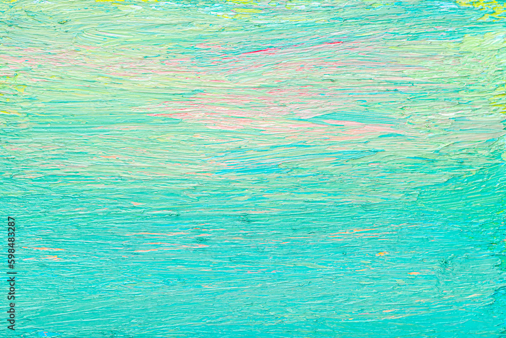 Abstract aqua blue, green and pink brush stroke texture background. Acrylic painting design element. 