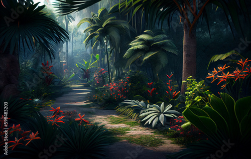 Jungle Blossoms Unfurling: Vivid Flowers Blooming in Nature Amidst the Gentle Caress of a Soft Breeze, Inviting Nature's Creatures to Revel in Their Beauty and Colors. This Colorful Scene is AI genera