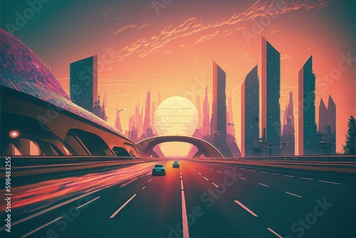 Futuristic cityscape with illuminated roads and edifices at dusk. Fantasy concept , Illustration painting. Generative AI photo