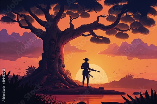 Armed man standing on tall tree at sunset. Fantasy concept , Illustration painting. Generative AI