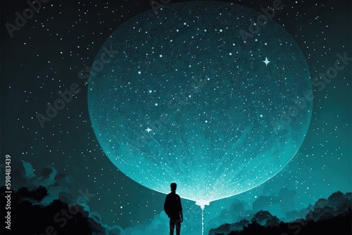 A man holding a big balloon filled with glowing stars, floating in the night sky. Fantasy concept , Illustration painting. Generative AI