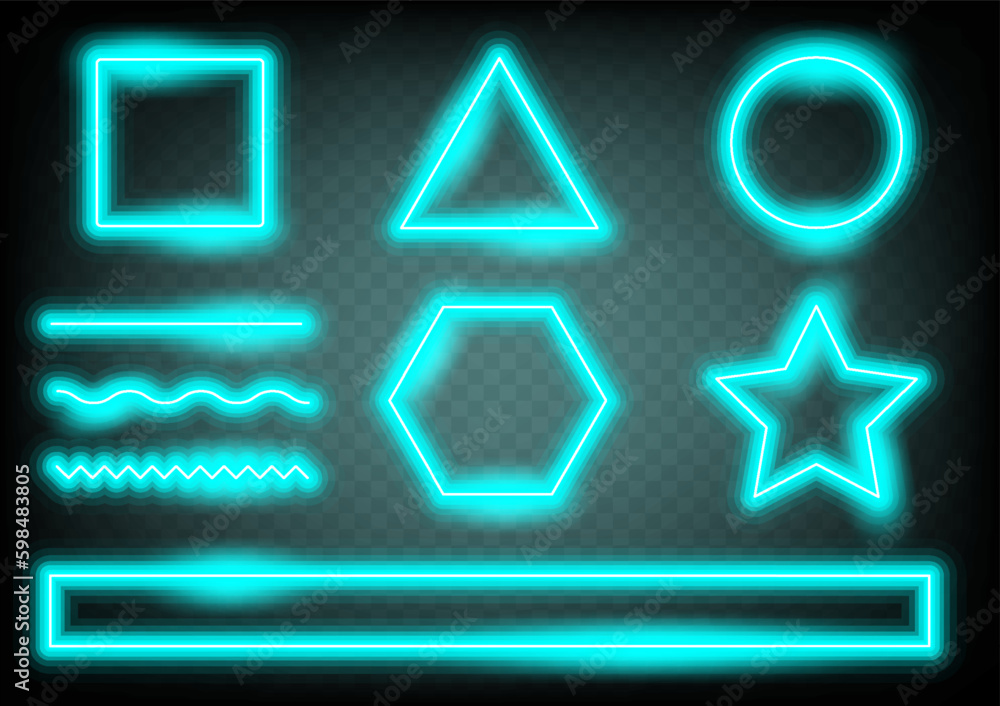 Obraz premium Set of frame shape transparent glass effect. Abstract blue light neon border shape. Object element glowing vector background.
