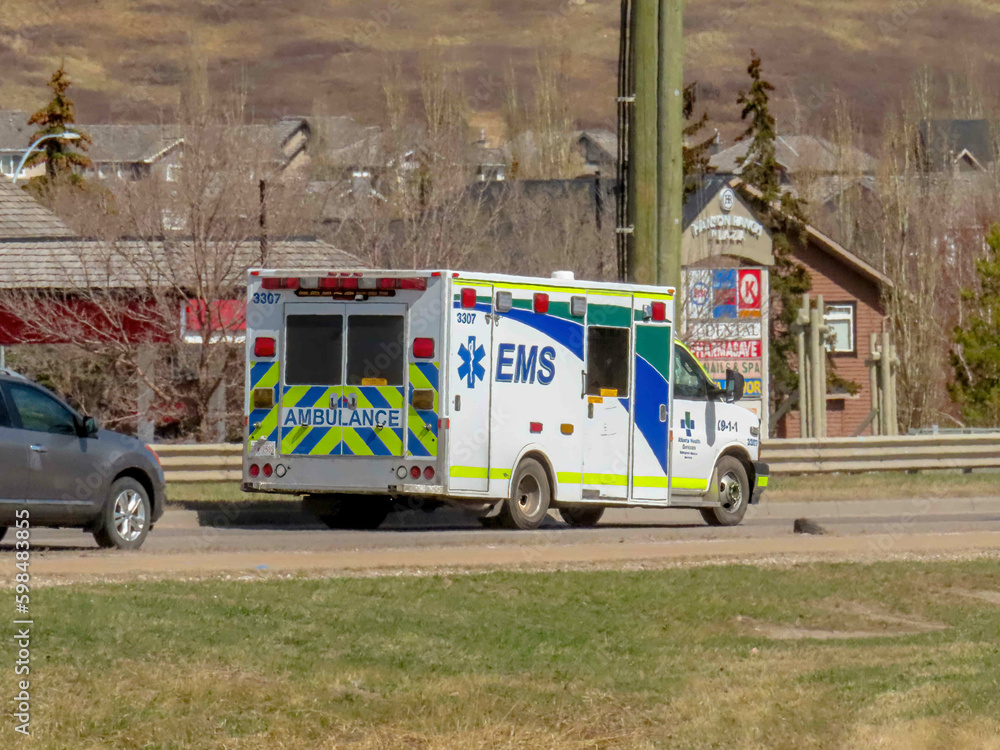 Calgary, Alberta, Canada. May 1, 2023. An ambulance on the route during