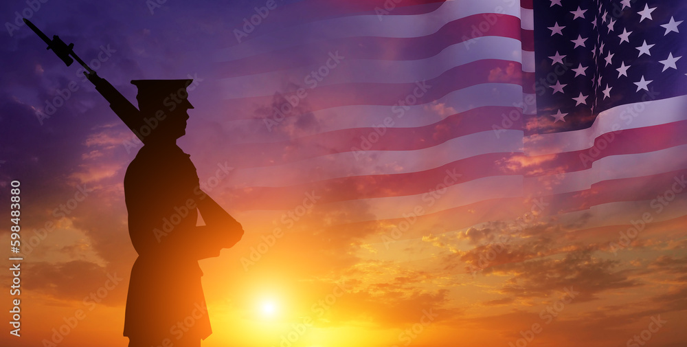 Silhouette guard of honor on the background of the American flag. USA holidays. 3d illustration.