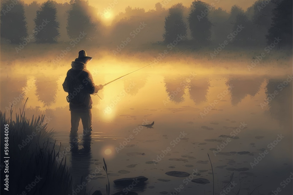 A man fishing in the lake during a misty dawn. Fantasy concept , Illustration painting. Generative AI A man fishing in the lake during a misty dawn. Fantasy concept , Illustration painting. Generative AI