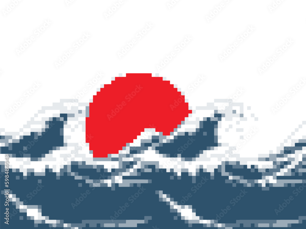 Fototapeta premium Pixelate Japanese wave with red sun background