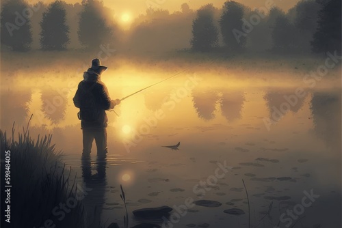 A man fishing in the lake during a misty dawn. Fantasy concept , Illustration painting. Generative AI