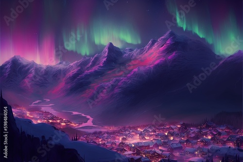 A night view of a village under the Northern Lights. Fantasy concept , Illustration painting. Generative AI