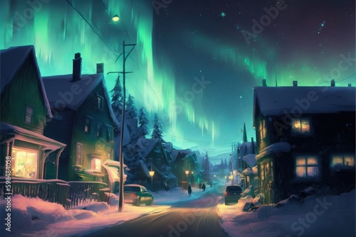 A night view of a village under the Northern Lights. Fantasy concept , Illustration painting. Generative AI