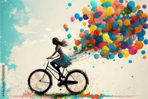 A woman riding a bicycle with colorful balloons in the sky. Fantasy concept , Illustration painting. Generative AI © X-Poser
