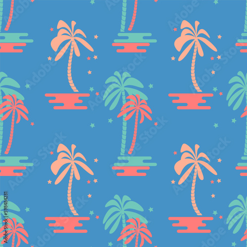 Palm tree seamless pattern. Psychedelic paradise background. Flat design. Vector.