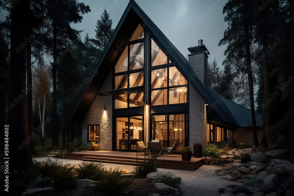 Luminous triangular house with large windows in night forest, exterior ...