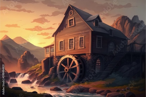 mountain cabin with waterwheel on rocky terrain. Fantasy concept , Illustration painting. Generative AI photo