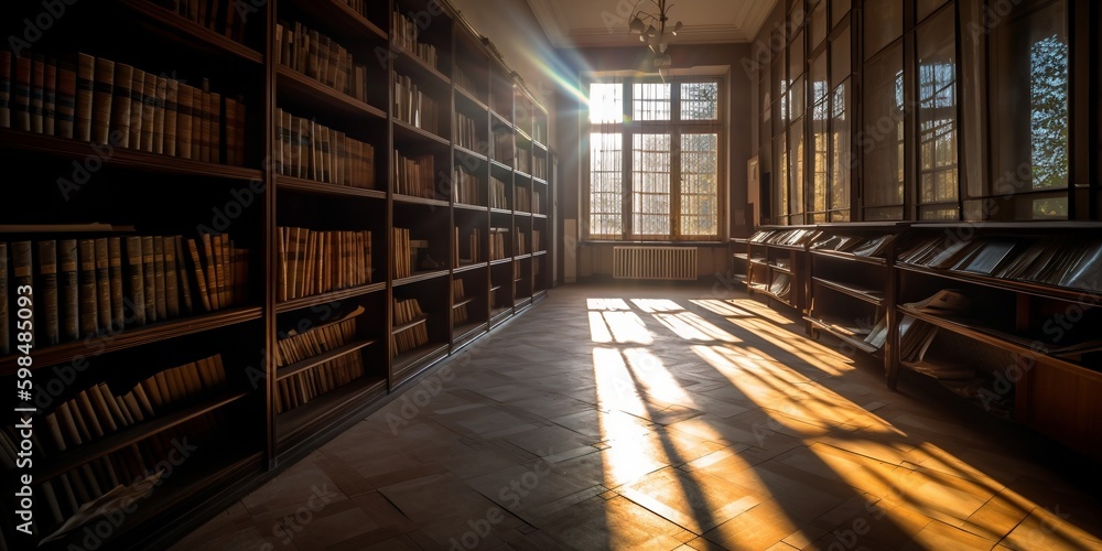 a room filled with lots of books and a chandelier