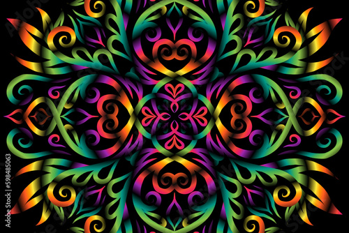 Beautiful caleidoscope colourful gradient flowers line art of traditional background batik dayak ornament design template elements