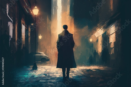 Enigmatic male standing on pavement. Fantasy concept , Illustration painting. Generative AI photo