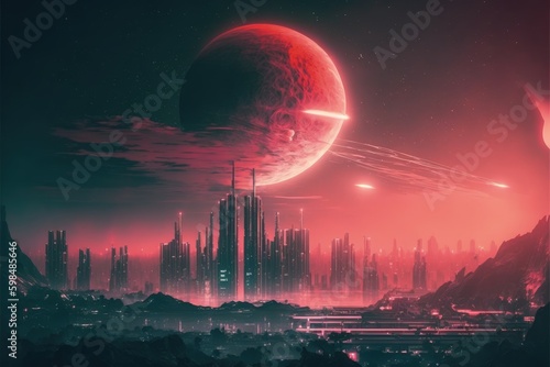 Nocturnal cityscape of futuristic metropolis with crimson planet in background. Fantasy concept , Illustration painting. Generative AI