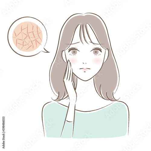 肌のキメが乾燥・肌トラブルに悩む若い女性のイラスト