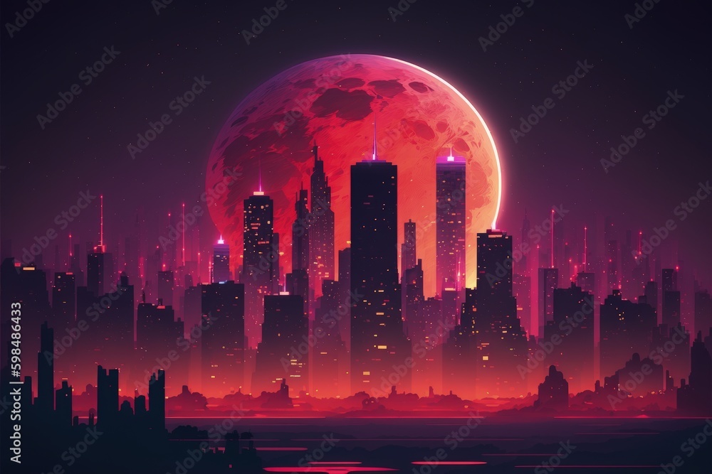 urban skyline lit up with colorful lights during a full moon night scene. Fantasy concept , Illustration painting. Generative AI
