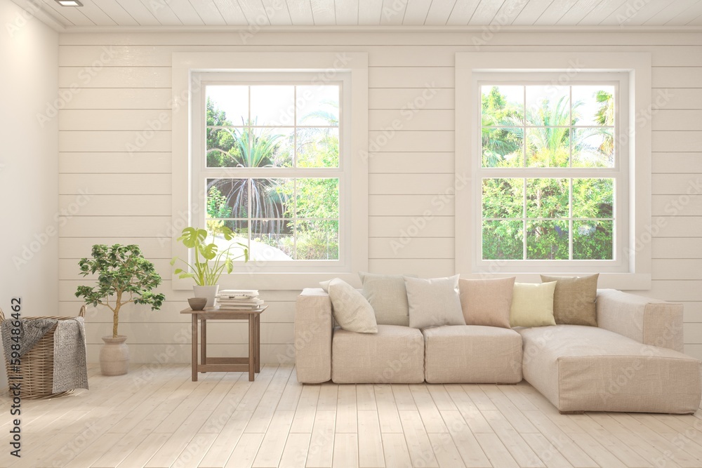 Modern interior concept with sofa and summer landscape in window. 3D illustration Modern interior concept with sofa and summer landscape in window. 3D illustration