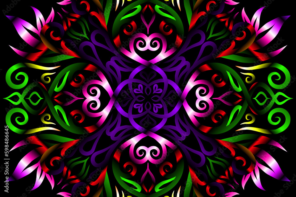 Fototapeta premium Beautiful caleidoscope colourful gradient flowers line art of traditional background batik dayak ornament design template elements