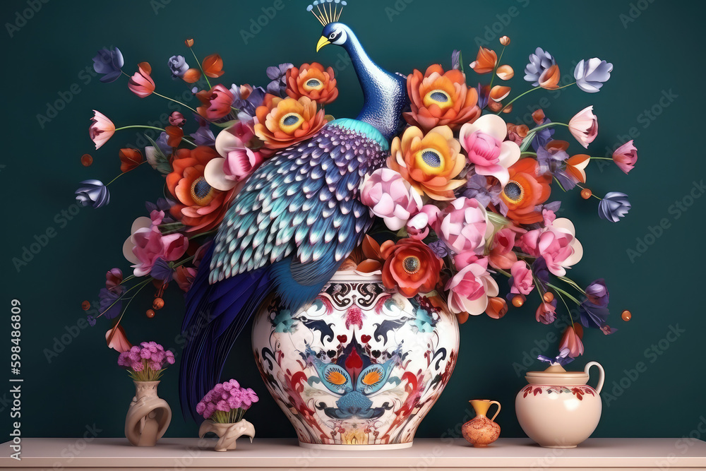 3d illustration of peacock and flower vase background. Exotic oriental pattern with colorful peacocks and flowers in bright colors, generative AI