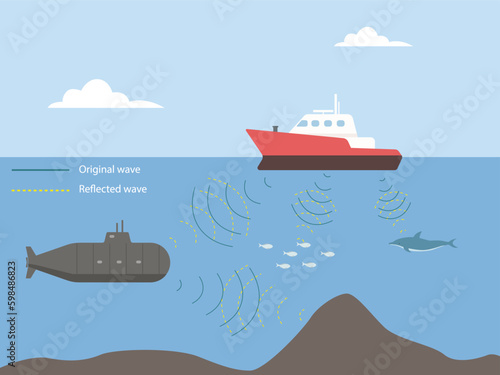 Bio sonar sound detect object locate. echo radar ocean system photo