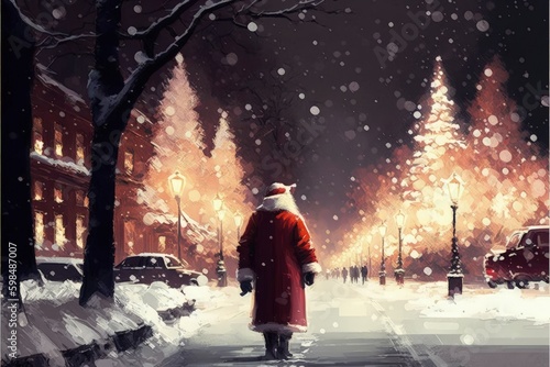 Father Christmas in snowy winter pathway in the park with yuletide lights on trees. Fantasy concept , Illustration painting. Generative AI