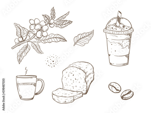 Hand drawn Coffee branch elements set. bread, ice coffee cup