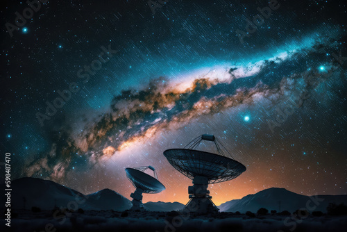 Radio telescopes night sky with Milky Way. Concept search for exoplanets, detection of aliens, generative AI