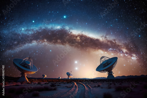 Radio telescopes night sky with Milky Way. Concept search for exoplanets, detection of aliens, generative AI