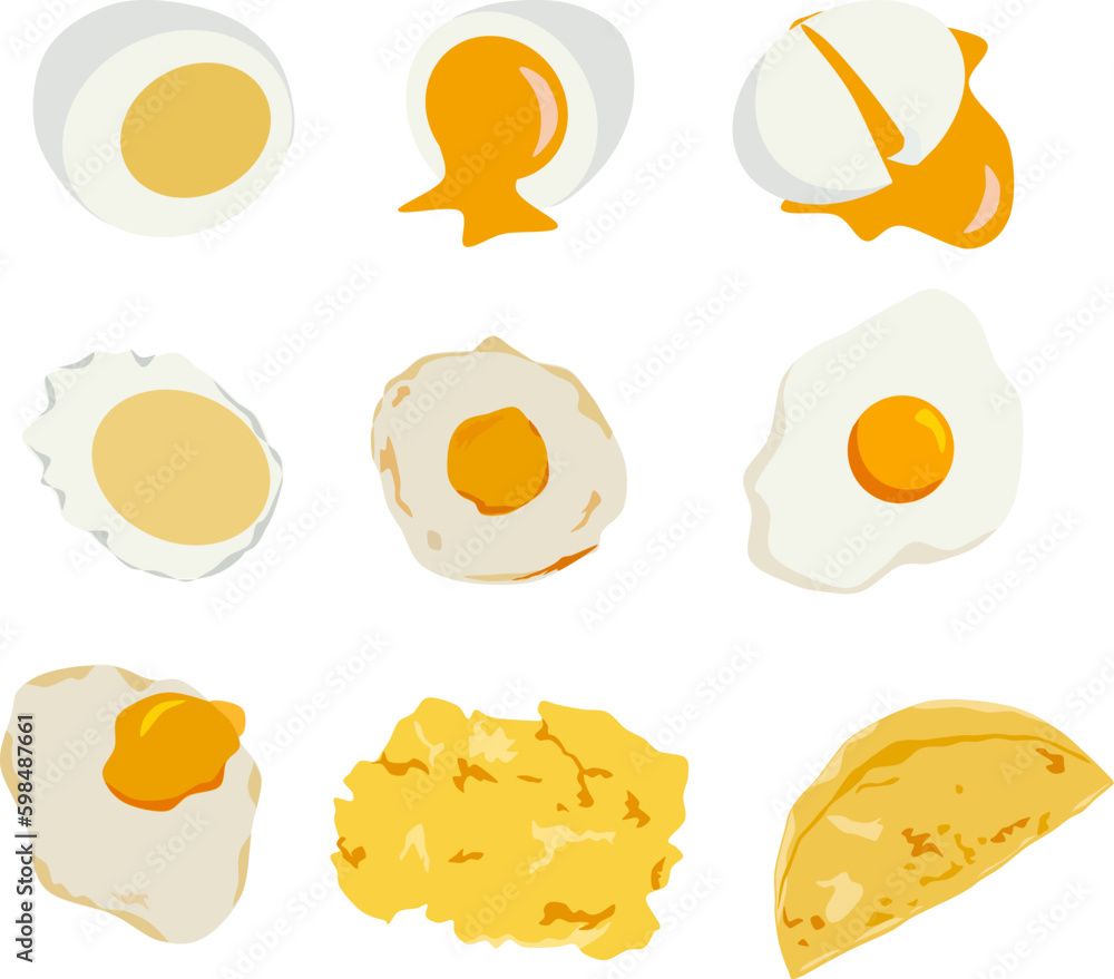 Type of egg cooking, hard boiled egg,  soft boiled, runny yolk, poached, fried over medium, sunny side up, over easy, scrambled, omelet. Vector simple illustration