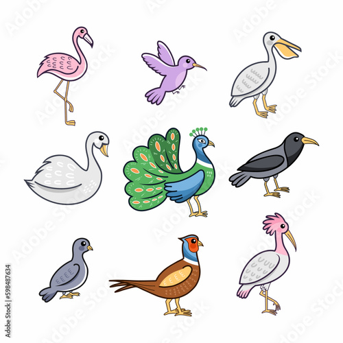 Collection of birds on white background. Set of illustrations for children. Cute sticker. Cartoon style drawing.