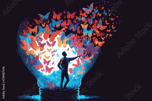 Man holding a large glowing bulb filled with butterflies. Fantasy concept , Illustration painting. Generative AI