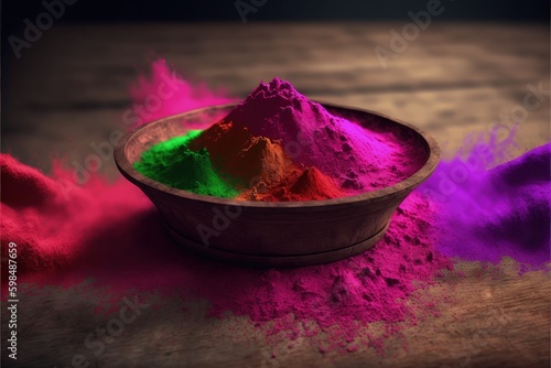 Holi Festival. Colored holi powders arranged in a bowl on a dark wooden table. Fantasy concept , Illustration painting. Generative AI © X-Poser